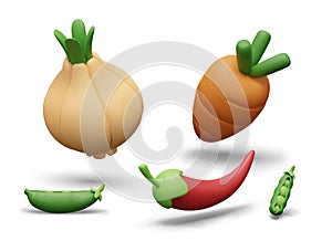 Set of vector 3D vegetables on white background. Onion, carrot, green pea pod, hot red pepper