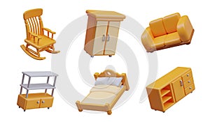 Set of vector 3D yellow furniture for home. Rocking chair, wardrobe, sofa, shelf, bed, drawer