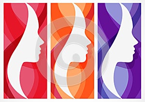 Set of vector abstract background with woman's face silhouette.