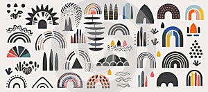 Set of vector abstract elements in black neutral colors. Abstract rainbow, sun, clouds, rain isolated on white