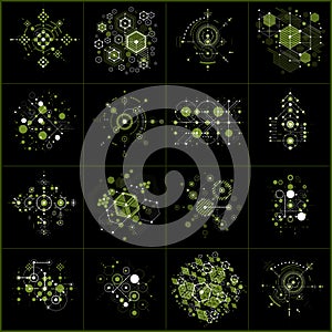 Set of vector abstract green backgrounds created in Bauhaus retro style using honeycombs and circles. Modern geometric