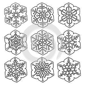 Set of vector abstract six-pointed snowflakes