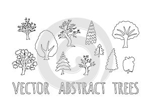 Set of vector abstract trees, silhouettes outlined trees in black color collection.