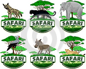 Set of vector african savannah safari emblems with lioness, elephant, black panther, secretary bird, common warthog and striped hy