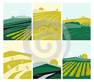 Set of vector agriculture illustrations with farming scene, farm land, nature scenery, agri landscape