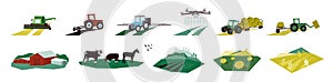 Set of vector agriculture illustrations with machinery, farming, livestock