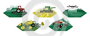 Set of vector agriculture illustrations with machinery, farming, livestock