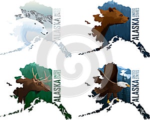 Set of vector Alaska American state maps with grizzly bear,  bald eagle, moose and polar bear