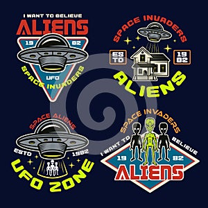 Set of vector aliens and ufo color vector emblems