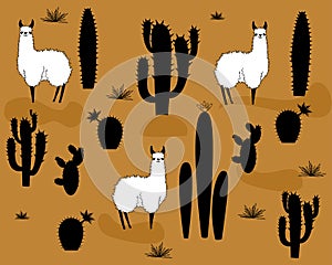 Set of vector alpaca and cactus elements.