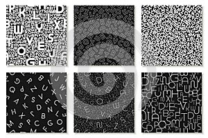 Set of vector alphabet patterns, covers, cards. Stylish black and white backgrounds with latin letters. Fashion