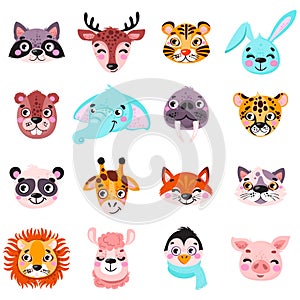 Set of vector animals in cartoon style. Cute smiley pig, panda, beaver, walrus, penguin, elephant, giraffe, llama, raccoon, deer,