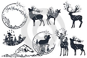 Set of vector artistic deer silhouettes for design, retro style