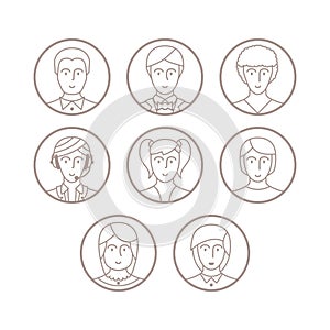 Set of vector avatars and characters in mono thin line style