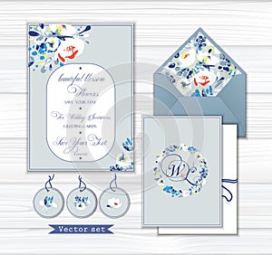 Set of vector backgrounds for greetings or invitations with lovely abstract white flowers, shapes and spots in light gray colors.