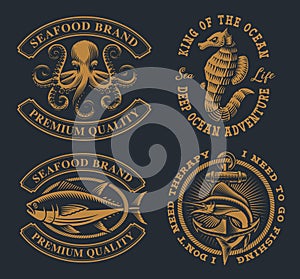 Set of vector badges for seafood theme with octopus