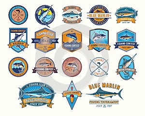 Set of vector badges, stickers on catching fish.