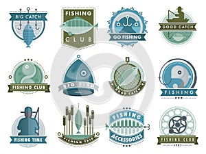 Set of vector badges stickers on catching fish seafood adventure fishing club shop badge vector illustration