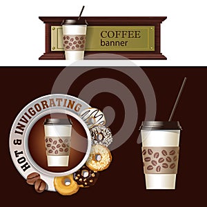 Set of vector banner, badge, sticker with icon coffee beans and saucer with donuts