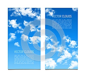 Set of vector banners with blue sky and realistic clouds.