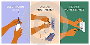 Set vector banners of electrician work, digital multimeter, repair home service, engineer hand illustration