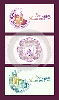 Set of vector banners for Ramadan Kareem with Ramadan lantern, towers of mosque, vintage moon and arabic pattern