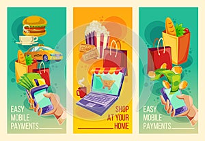 Set vector banners showing the ease and convenience of online payments in the cartoon style