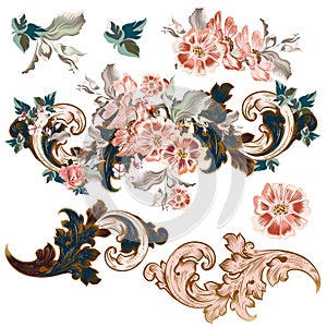 Set of vector baroque ornaments with flowers