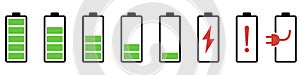 Set of vector battery charging icons. Battery level symbols. Fast charge icon.