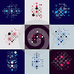 Set of vector Bauhaus abstract backgrounds made with grid and overlapping simple geometric elements, circles and lines. Retro sty