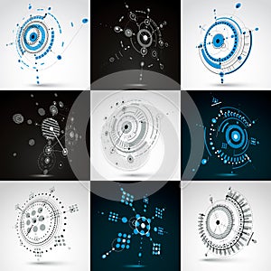 Set of vector Bauhaus abstract backgrounds made with grid and overlapping simple geometric elements, circles and lines. Retro sty