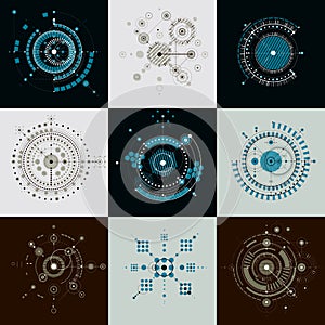 Set vector Bauhaus abstract backgrounds made with grid and overlapping simple geometric elements, circles. Retro artworks, techno