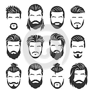 12 Set of vector bearded men faces with different haircuts and style pack photo