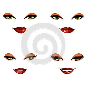 Set of vector beautiful female visage with stylish makeup, eyes