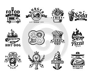 Set of vector black fast food icons, badges