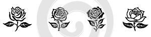 Set of vector black silhouettes of rose flowers isolated on a white background