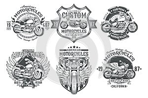 Set vector black vintage badges, emblems with a custom motorcycle