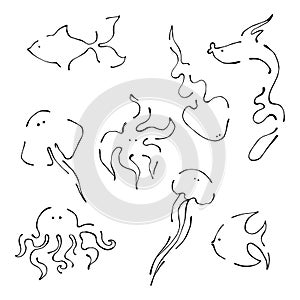 Set of vector black and white illustration of sea animals. fish, octopus, devilfish, poulpe, jellyfish, medusa, starfish isolated