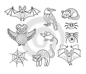 Set of vector black and white scary creatures. Halloween characters icons collection. Cute autumn all saints eve illustration with