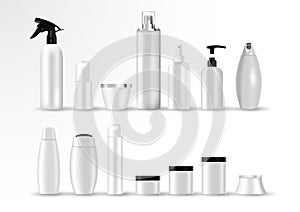 Set vector blank templates of empty and clean white plastic containers: bottles with spray, dispenser and dropper, cream jar, tub
