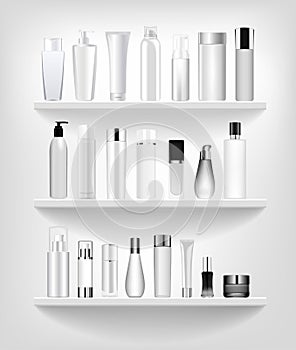 Set vector blank templates of empty and clean white plastic containers bottles with spray, dispenser and dropper, cream