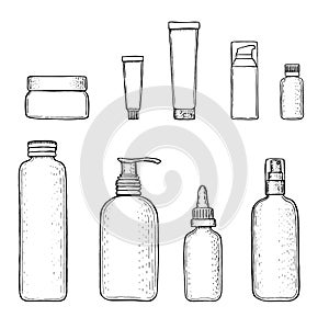 Set vector blank templates of empty containers: bottles with spray, dispenser and dropper, cream jar, tube.