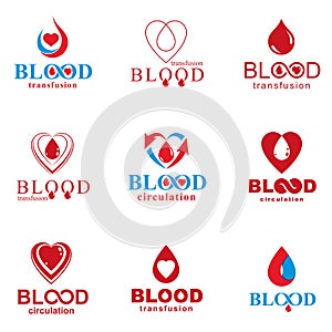 Set of vector blood donation conceptual illustrations. Hematology theme, medical treatment designs for use in pharmacy.