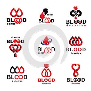 Set of vector blood donation conceptual illustrations. Hematology theme, medical treatment designs for use in pharmacy.