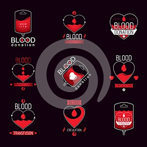 Set of vector blood donation conceptual illustrations. Hematology theme, medical treatment designs for use in pharmacy.