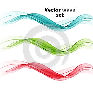 Set of vector blue, green, pink waves, horizontal wavy wave lines on a white background. Design element