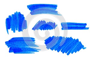 Set of vector blue highlight marker strokes and stains