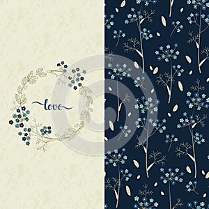 Set with vector blue pattern with pretty flowers and a card with hand drawn word love