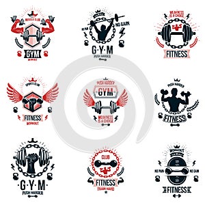 Set of vector bodybuilding theme emblems and advertising posters photo