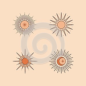 Set of vector bohemian logo design templates with sun and sunburst in retro style